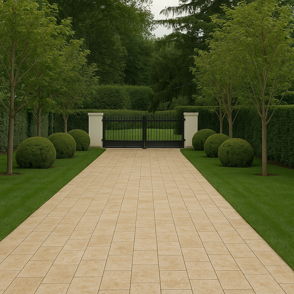 A neatly paved path leads to a black metal gate, flanked by 16x24 Ivory travertine pavers, manicured hedges and round topiary bushes. Tall trees line the path, creating a serene atmosphere.