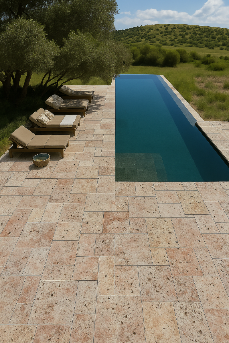 Luxurious poolside scene featuring a sparkling rectangular pool surrounded by beige travertine pavers. Relaxing sun loungers face lush, green countryside.