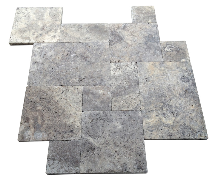 French Pattern Tumbled Silver Travertine Pavers