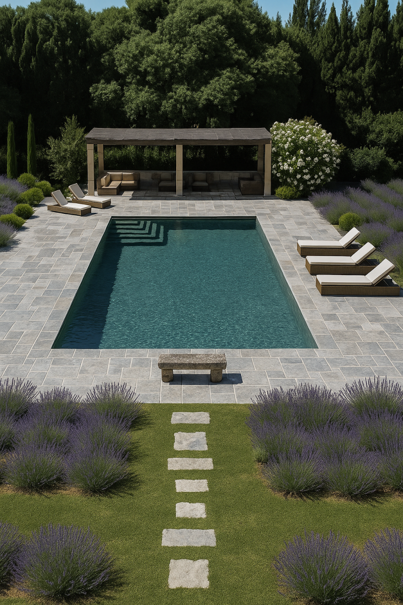 A luxurious outdoor pool with four loungers, surrounded by lush lavenders. A shaded pergola with seating is in the background, conveying relaxation.