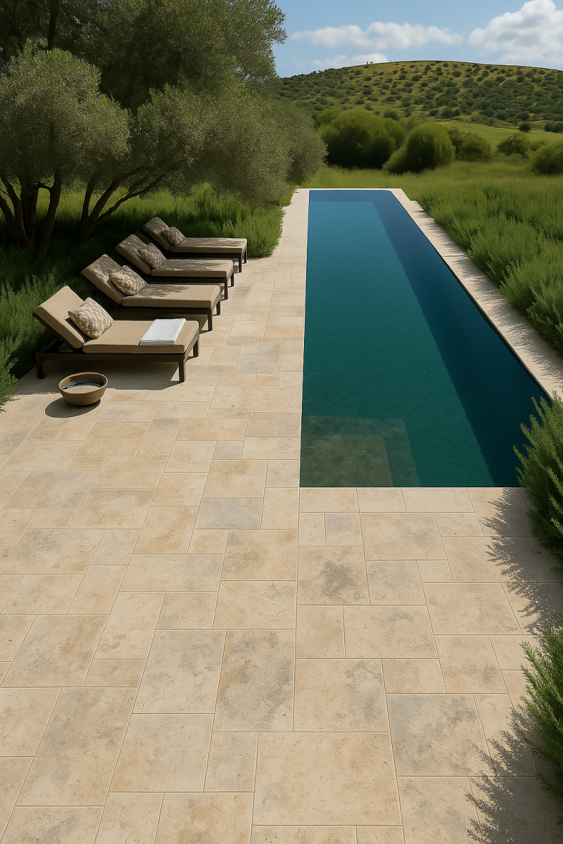 Luxurious outdoor pool with clear blue water, surrounded by country classic travertine pavers. Four cushioned lounge chairs under trees evoke relaxation and serenity.