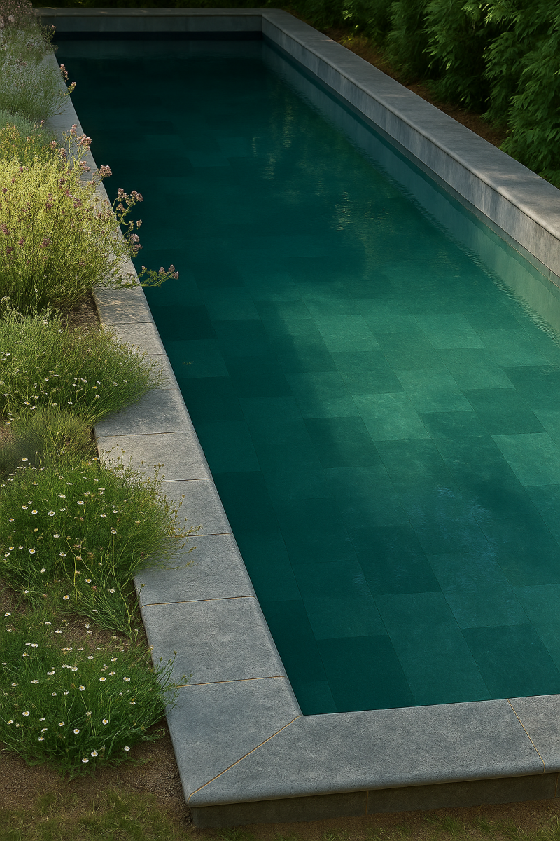 Long, narrow swimming pool with deep teal water, surrounded by travertine tiles and lush greenery, creating a serene and natural atmosphere.