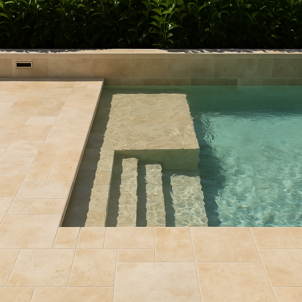 Clear turquoise water of a sunlit pool highlights submerged beige steps. Surrounding tiles are warm-colored. Dense greenery edges complete the serene setting.