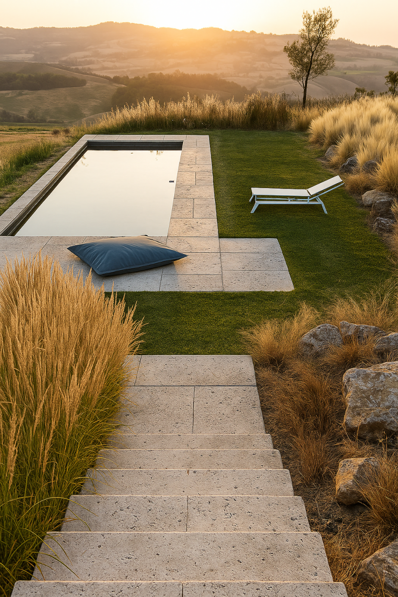 16x24 Roman Walnut Travertine Paver steps lead to a serene pool surrounded by lush greenery and tall grasses at sunset. A lounge chair and cushion add a relaxing touch to the tranquil scenery.