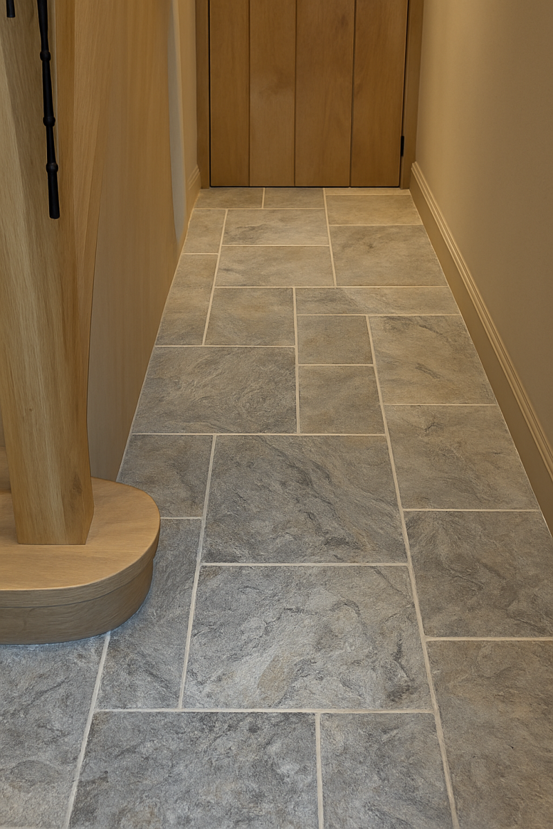 Narrow hallway with light gray travertine tiles in a french pattern. Wooden stairs with a smooth finish on the left and a wooden door at the end.